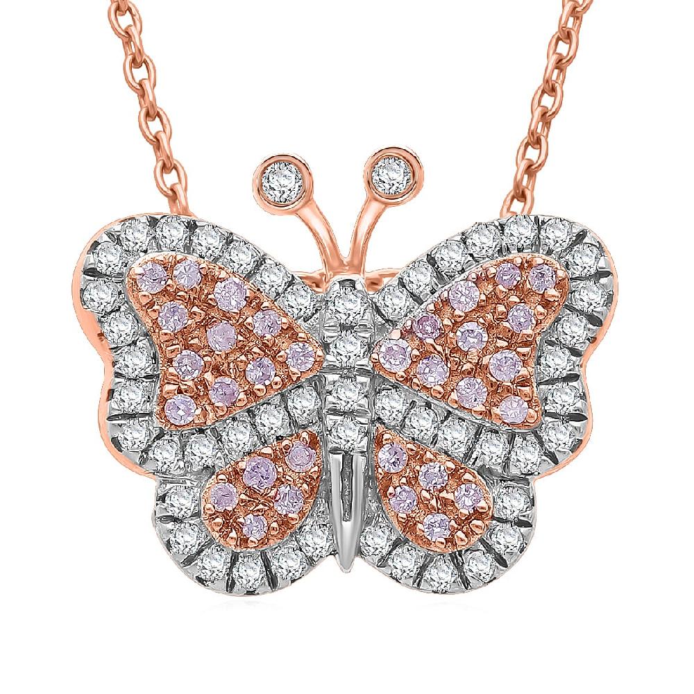 shop lc Natural Pink and White Diamond 0.35 ctw Butterfly Pendant Necklace in Vermeil Rose Gold Over Sterling Silver 20 Inches