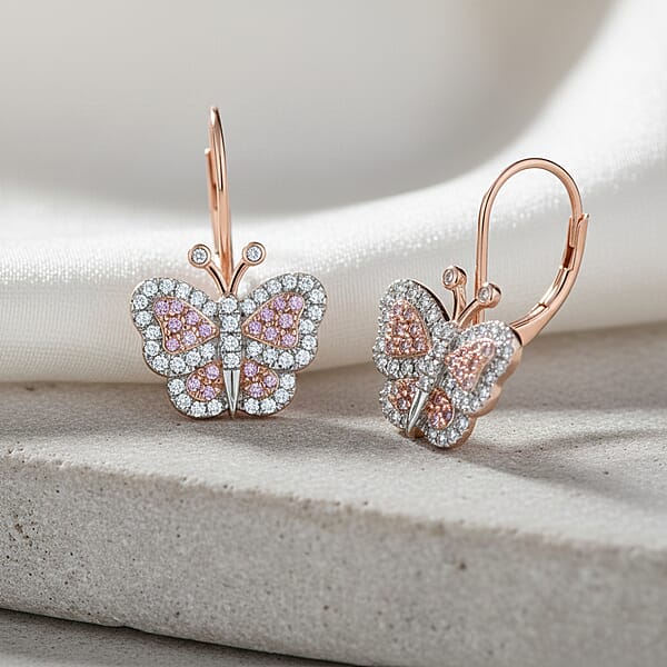 Shop Lc Natural Pink And White Diamond Butterfly Earrings In Vermeil RG Over Sterling Silver 0.50 Ctw