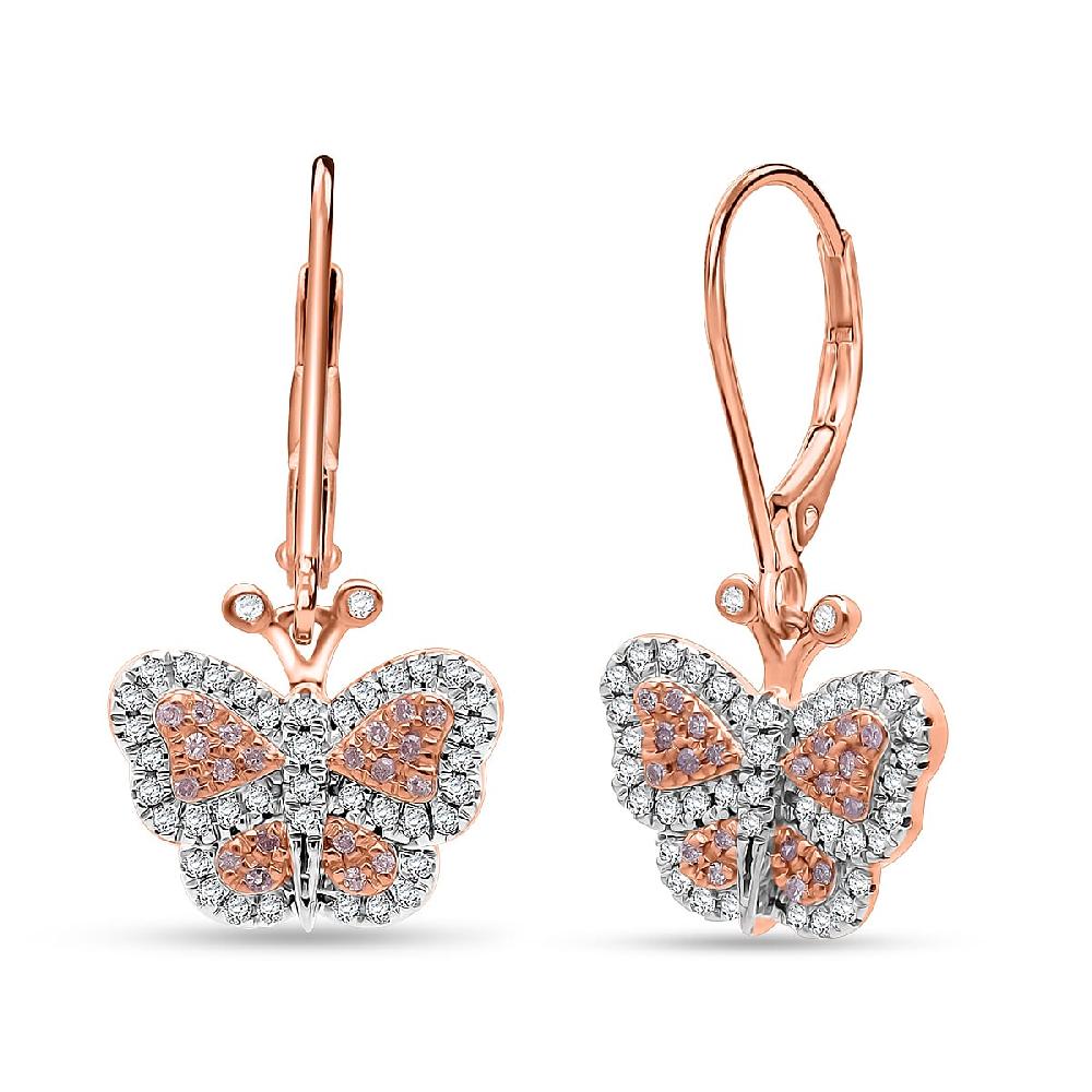 shop lc Natural Pink and White Diamond Butterfly Earrings in Vermeil RG Over Sterling Silver 0.50 ctw