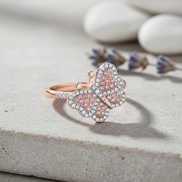 Shop Lc Natural Pink Diamond White Diamond Butterfly Ring In Vermeil RG Over Sterling Silver 0.35 Ctw