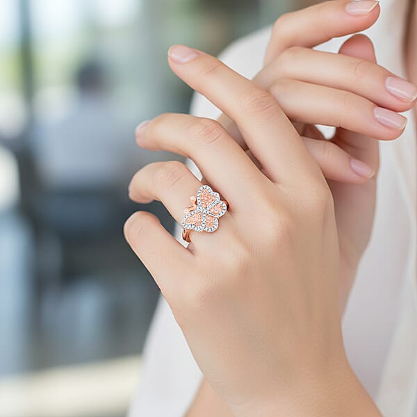 Shop Lc Natural Pink Diamond White Diamond Butterfly Ring In Vermeil RG Over Sterling Silver 0.35 Ctw