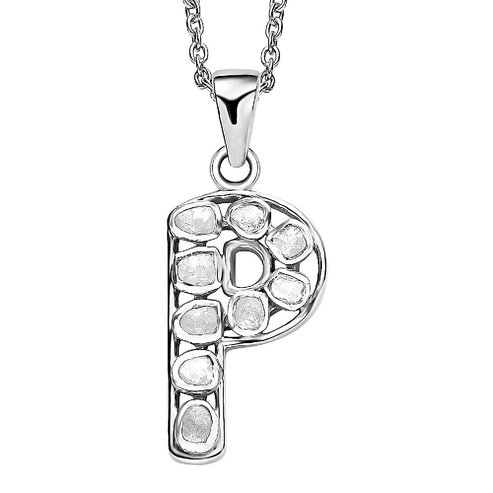 shop lc Natural Uncut Polki Diamond 0.50 ctw Initial P Pendant Necklace in Platinum Over Sterling Silver 20 Inches