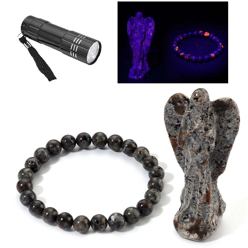 shop lc Natural Yooperlite 375.00 ctw Angel and Beaded Stretch Bracelet with Free UV Flash Light