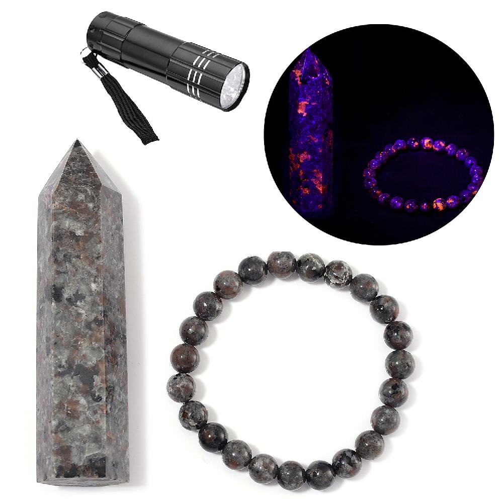 shop lc Natural Yooperlite 535.00 ctw Pencil (3.5-3.9In) and Beaded 8mm Stretch Bracelet with Free UV Flash Light