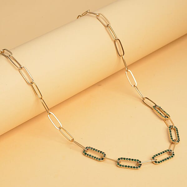 Shop Lc Neon Green Austrian Crystal Paper Clip Chain Necklace In ION Plated YG Stainless Steel 20-22 Inches Tarnish-Free Waterproof Sweat Proof Jewelry