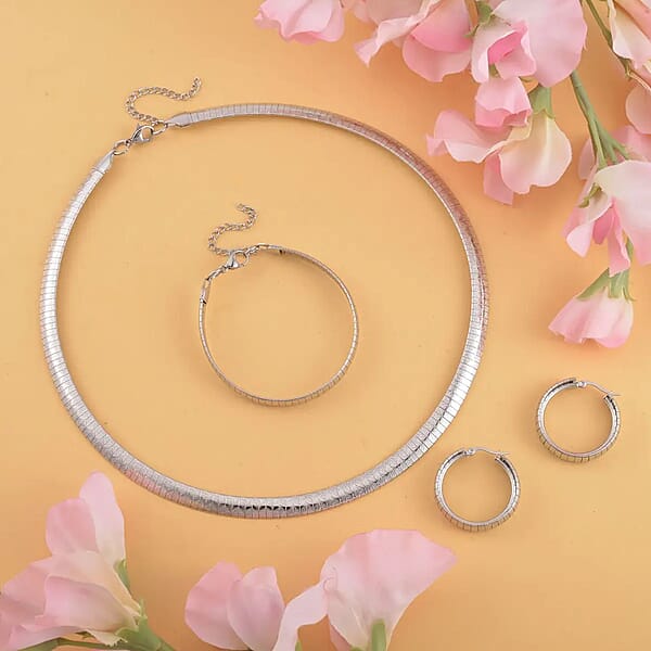 Shop Lc Omega Zig-Zag Texture Chain Necklace 20-22 Inches Bracelet (7.50-9.50In) And Earrings In Stainless Steel Durable Jewelry Set Birthday Gift For Her