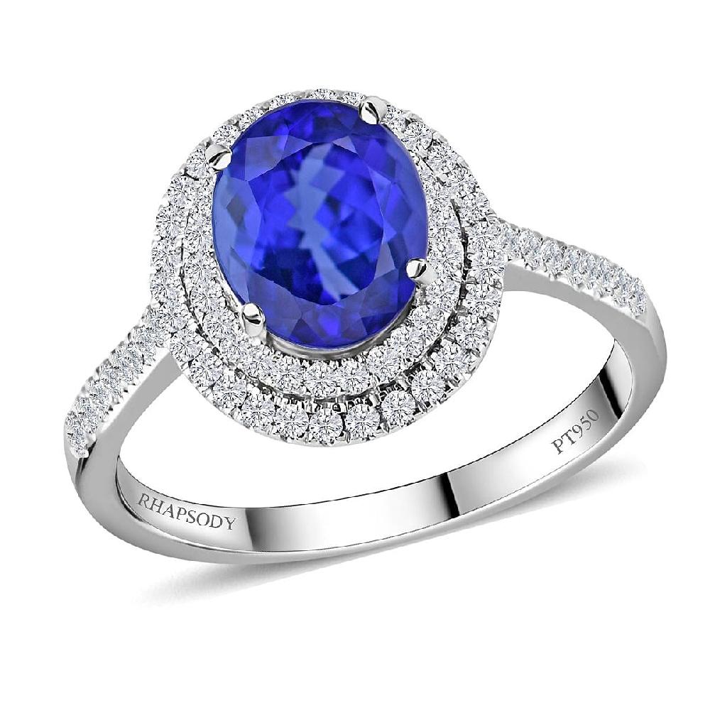 shop lc One Of A Kind Certified & Appraised Rhapsody 950 Platinum AAAA Tanzanite and E-F VS Diamond Double Halo Ring 6.13 Grams 2.60 ctw