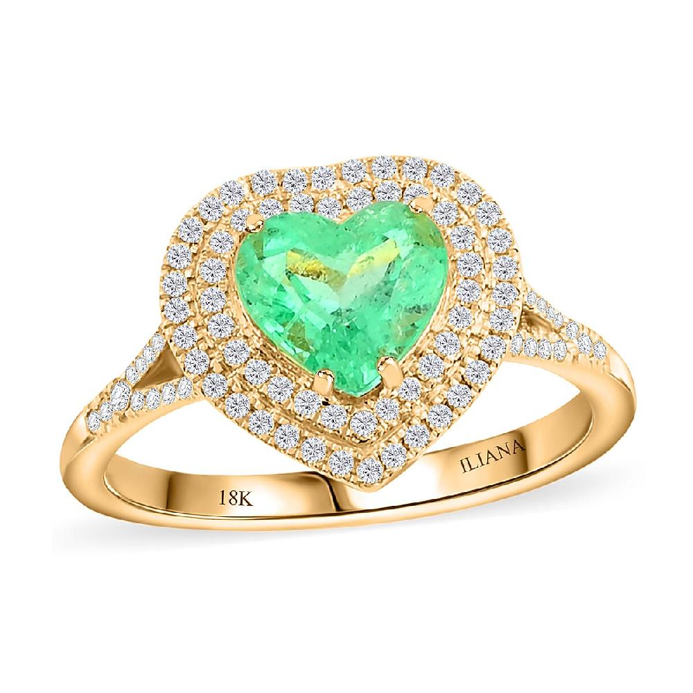 shop lc One Of A Kind Iliana 18K Yellow Gold AAA Boyaca Colombian Emerald and G-H SI Diamond Heart Shape Double Halo Ring 4.23 Grams 2.00 ctw