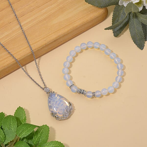 Shop Lc Opalite 100.00 Ctw Beaded Stretch Bracelet And Pendant In Silvertone With Stainless Steel Necklace 20 Inches