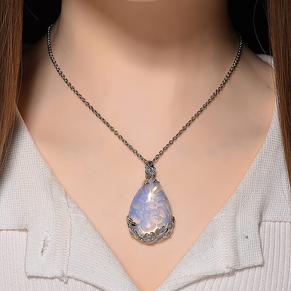 Shop Lc Opalite 100.00 Ctw Beaded Stretch Bracelet And Pendant In Silvertone With Stainless Steel Necklace 20 Inches