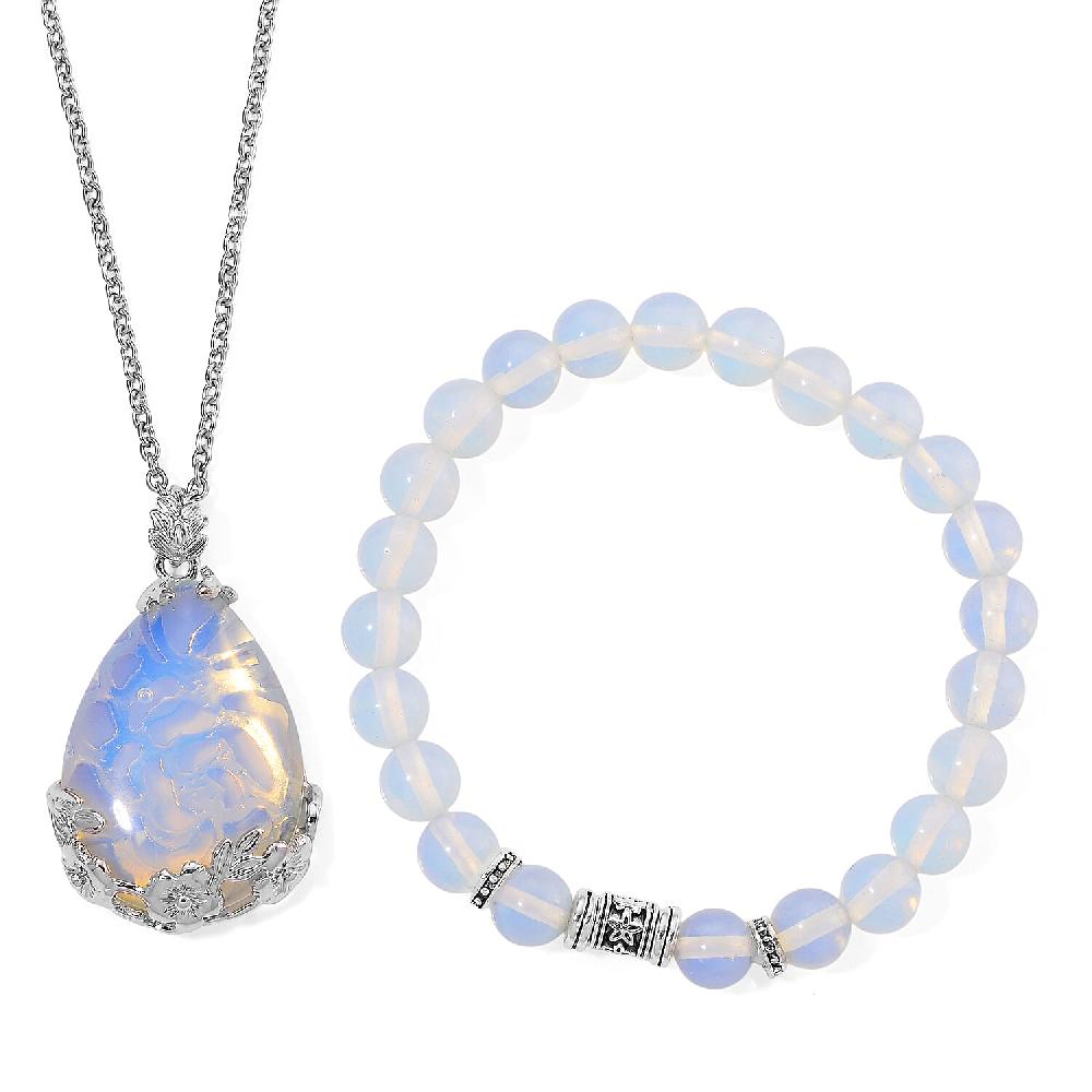 shop lc Opalite 100.00 ctw Beaded Stretch Bracelet and Pendant in Silvertone with Stainless Steel Necklace 20 Inches