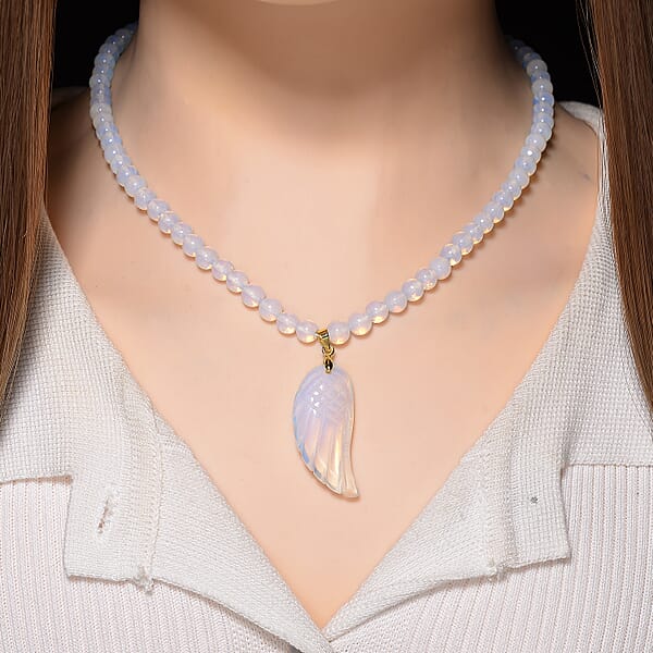Shop Lc Opalite 110.00 Ctw Carved Wing Pendant With Beaded Necklace In Goldtone 18-20 Inches