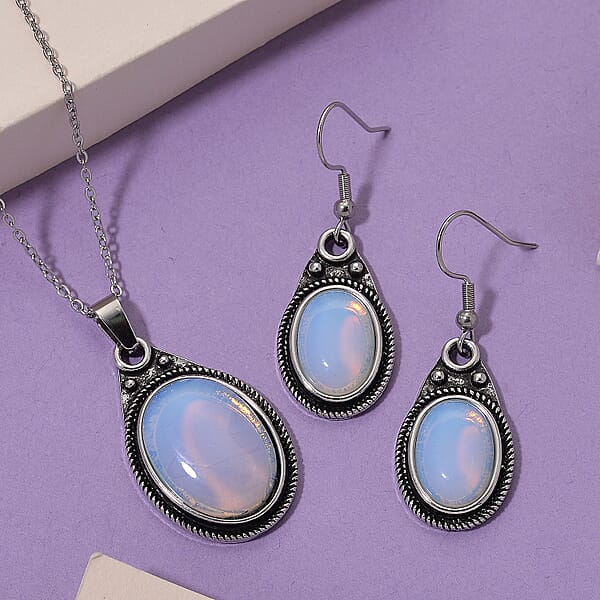 Shop Lc Opalite 110.00 Ctw Earrings And Pendant In Silvertone With Stainless Steel Necklace 20 Inches