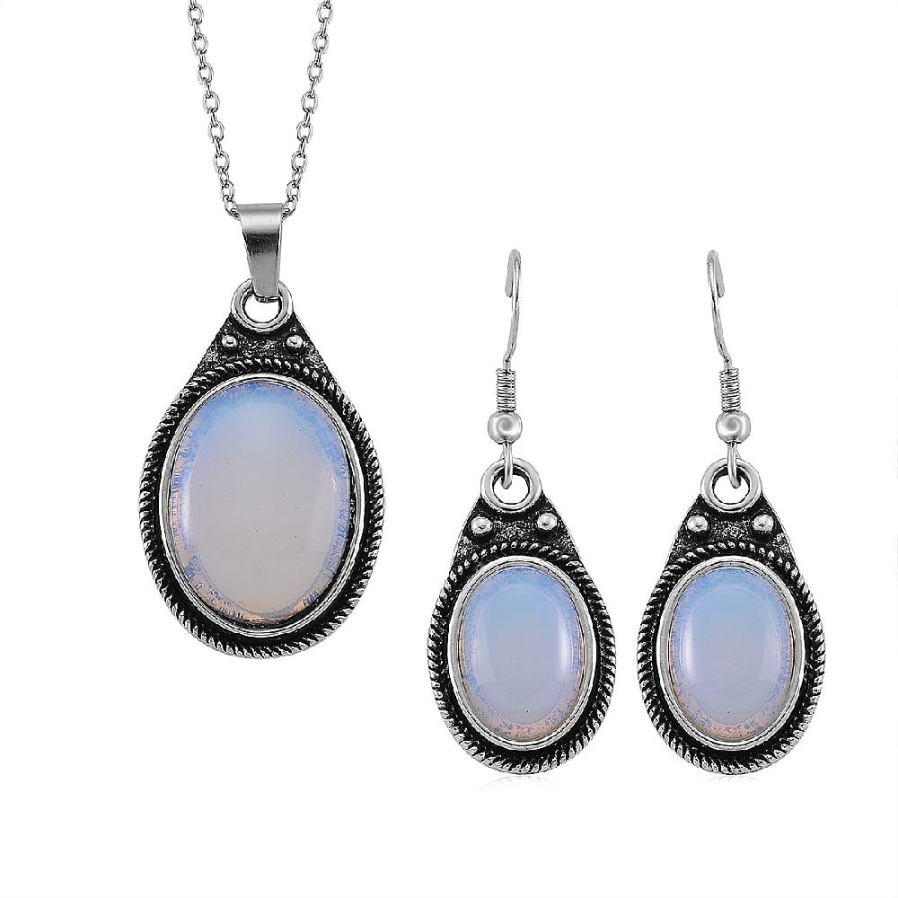 shop lc Opalite 110.00 ctw Earrings and Pendant in Silvertone with Stainless Steel Necklace 20 Inches