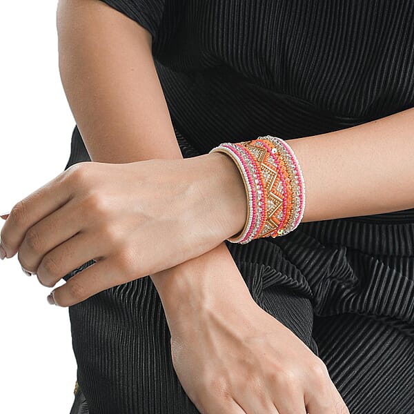 Shop Lc Orange Glass Seed Beaded Chevron Cuff Bracelet In Goldtone
