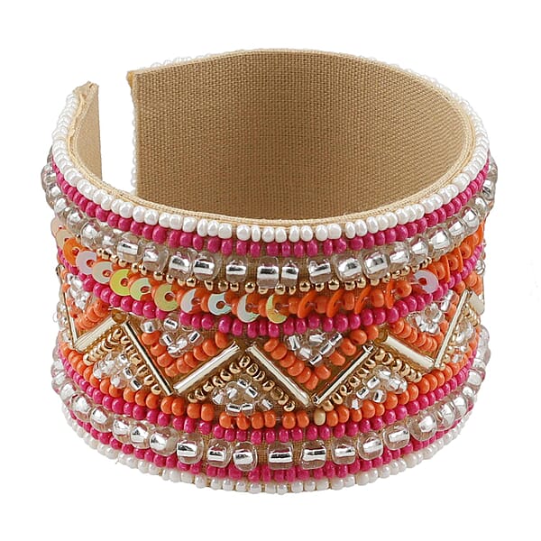 Shop Lc Orange Glass Seed Beaded Chevron Cuff Bracelet In Goldtone