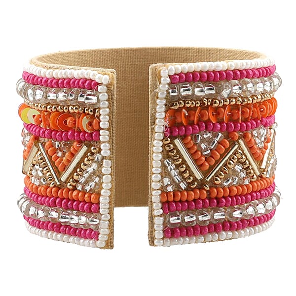 Shop Lc Orange Glass Seed Beaded Chevron Cuff Bracelet In Goldtone