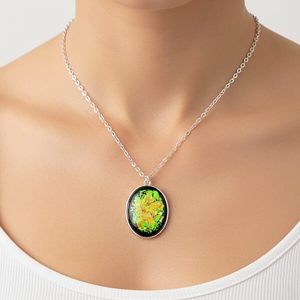 Shop Lc Oval Opal 12.00 Ctw Flakes Necklace In Silvertone 16-18 Inches