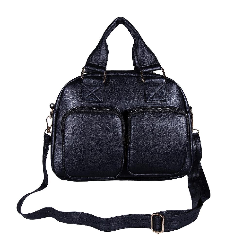 shop lc Passage Black Faux Leather Satchel Bag with Front Pocket