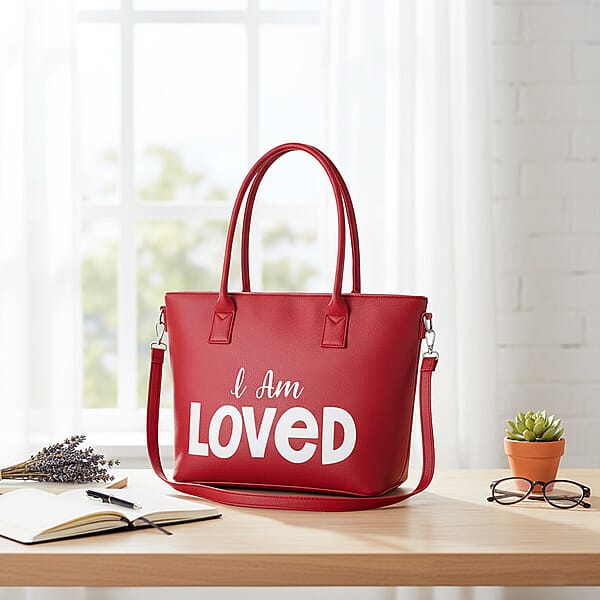 Shop Lc Passage Red I Am Loved Print Faux Leather Tote Bag With Shoulder Strap