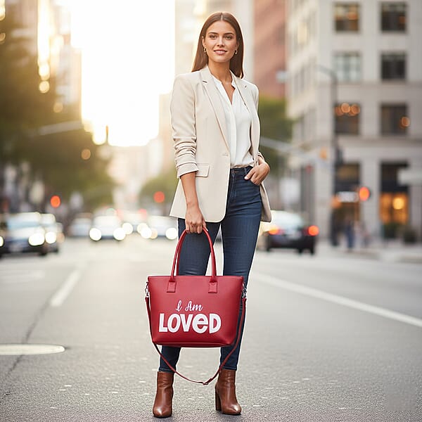 Shop Lc Passage Red I Am Loved Print Faux Leather Tote Bag With Shoulder Strap