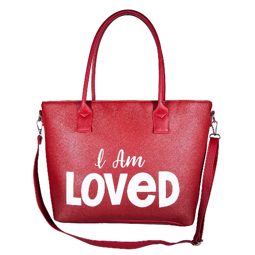 shop lc Passage Red I Am Loved Print Faux Leather Tote Bag with Shoulder Strap