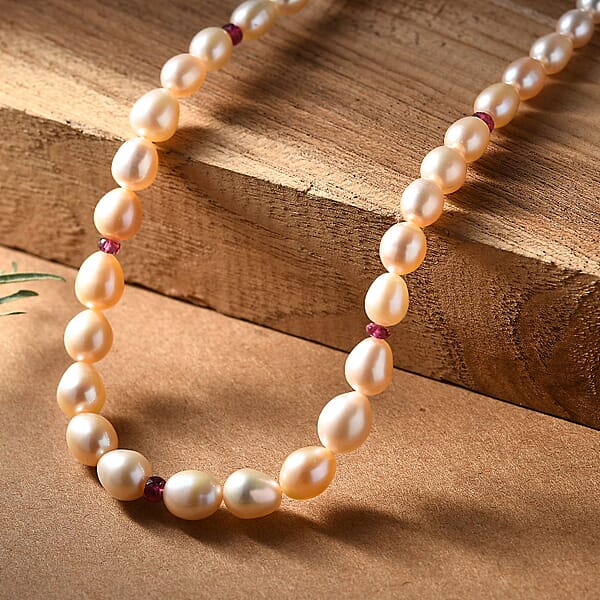 Shop Lc Peach Freshwater Pearl And Ouro Fino Rubellite 2.70 Ctw Necklace In 18K Vermeil Yellow Gold Over Sterling Silver 18 Inches