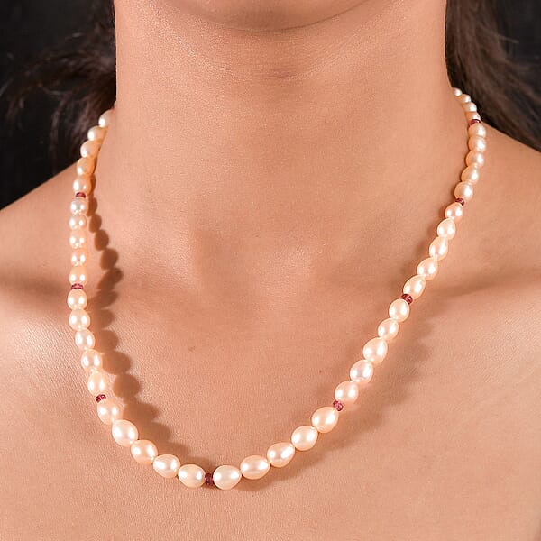 Shop Lc Peach Freshwater Pearl And Ouro Fino Rubellite 2.70 Ctw Necklace In 18K Vermeil Yellow Gold Over Sterling Silver 18 Inches