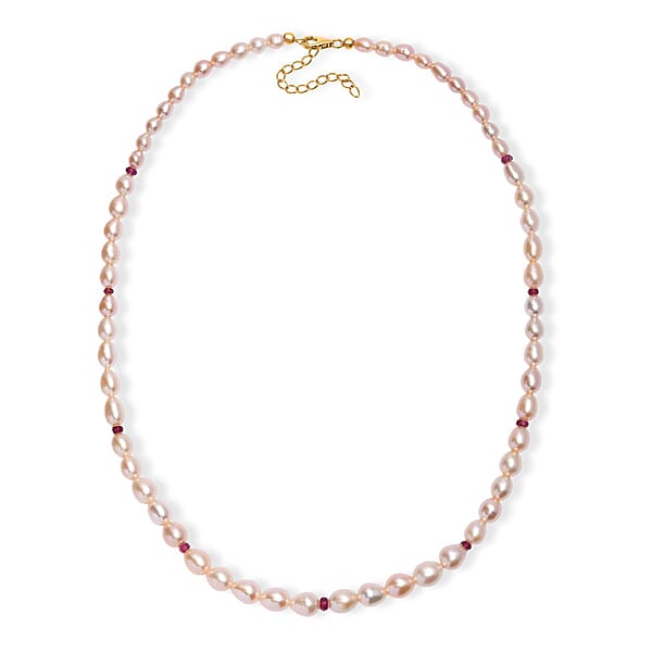 Shop Lc Peach Freshwater Pearl And Ouro Fino Rubellite 2.70 Ctw Necklace In 18K Vermeil Yellow Gold Over Sterling Silver 18 Inches