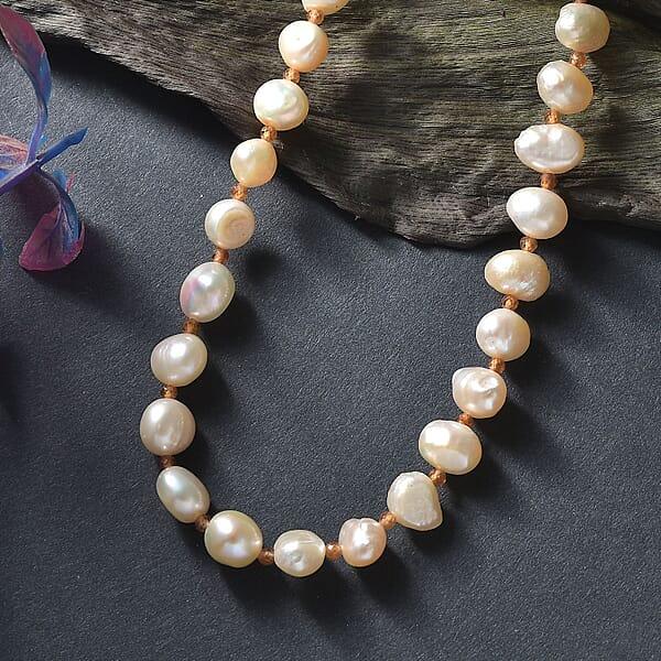 Shop Lc Peach Freshwater Pearl And Ratnapura Hessonite Garnet 20.00 Ctw Necklace In 18K Vermeil Yellow Gold Over Sterling Silver