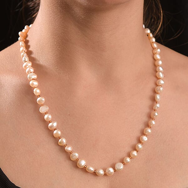 Shop Lc Peach Freshwater Pearl And Ratnapura Hessonite Garnet 20.00 Ctw Necklace In 18K Vermeil Yellow Gold Over Sterling Silver