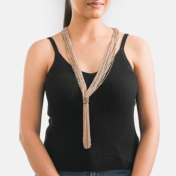 Shop Lc Peach Tasseled Collar Glass Seed Beaded Necklace In Goldtone 32 Inches