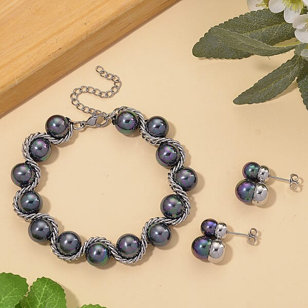 Shop Lc Peacock Color Shell Pearl Twilight Waves Bracelet (7.75-9.75In) And Stud Earrings In Stainless Steel
