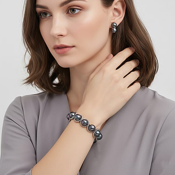Shop Lc Peacock Color Shell Pearl Twilight Waves Bracelet (7.75-9.75In) And Stud Earrings In Stainless Steel