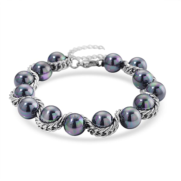 Shop Lc Peacock Color Shell Pearl Twilight Waves Bracelet (7.75-9.75In) And Stud Earrings In Stainless Steel