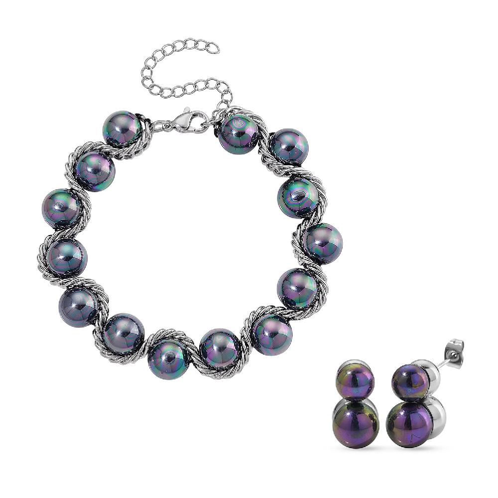 shop lc Peacock Color Shell Pearl Twilight Waves Bracelet (7.75-9.75In) and Stud Earrings in Stainless Steel