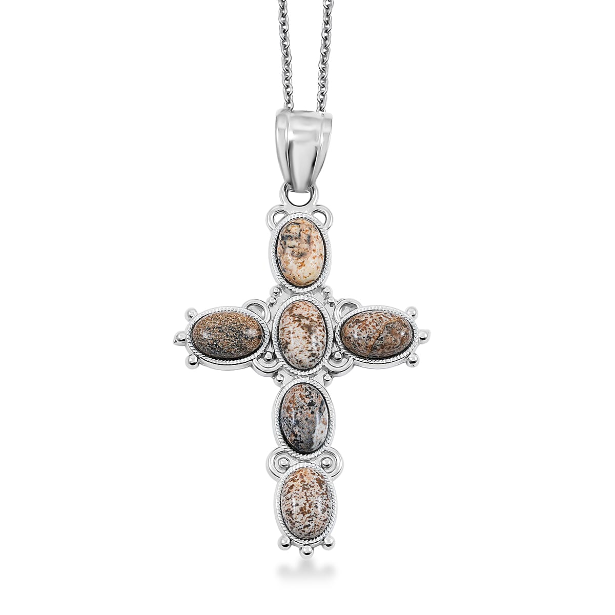 shop lc Picture Jasper 12.50 ctw Cross Pendant in Silvertone with Stainless Steel Necklace 20 Inches