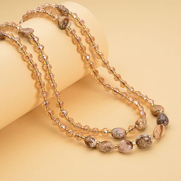 Shop Lc Picture Jasper 50.00 Ctw Champagne Glass Beaded Two Row Necklace In Stainless Steel 18-20 Inches Tarnish-Free Waterproof Sweat Proof Jewelry