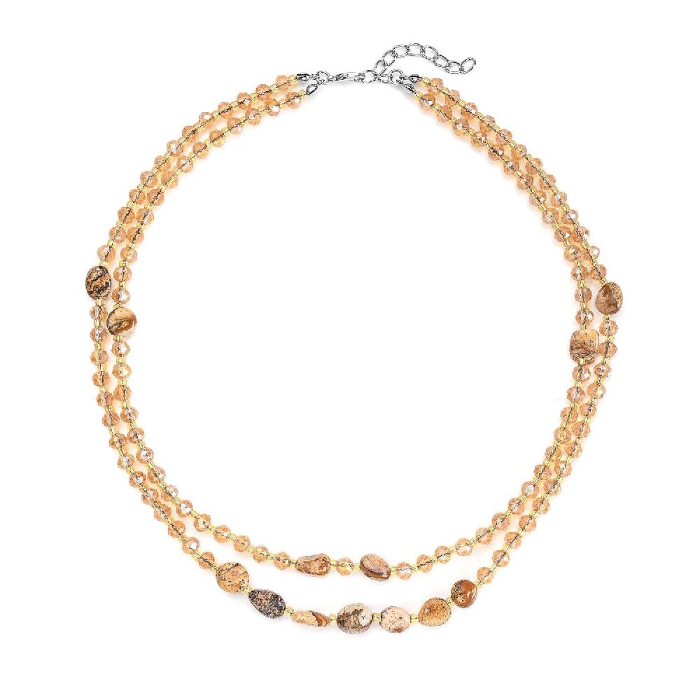 shop lc Picture Jasper 50.00 ctw Champagne Glass Beaded Two Row Necklace in Stainless Steel 18-20 Inches Tarnish-Free Waterproof Sweat Proof Jewelry