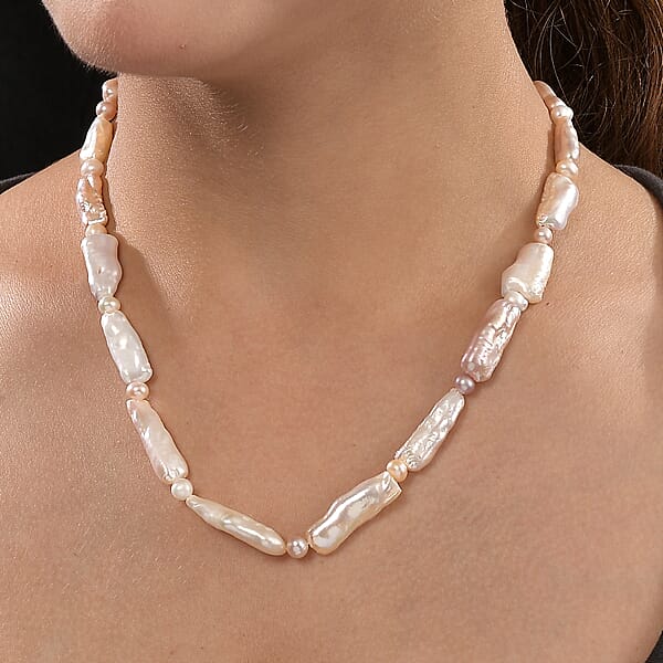 Shop Lc Pink Biwa And White Freshwater Pearl Necklace In 18K Vermeil Yellow Gold Over Sterling Silver 18 Inches