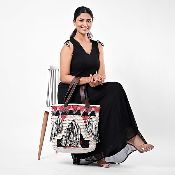 Shop Lc Pink Cotton And Jacquard Tote Bag With Faux Leather Handle