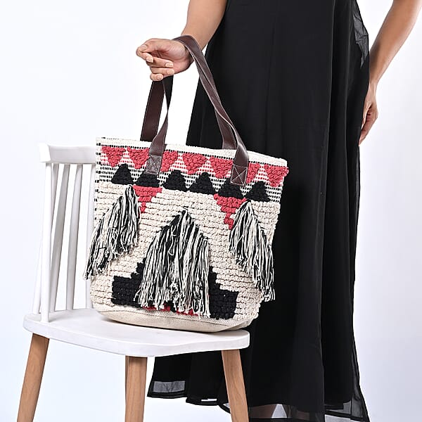 Shop Lc Pink Cotton And Jacquard Tote Bag With Faux Leather Handle