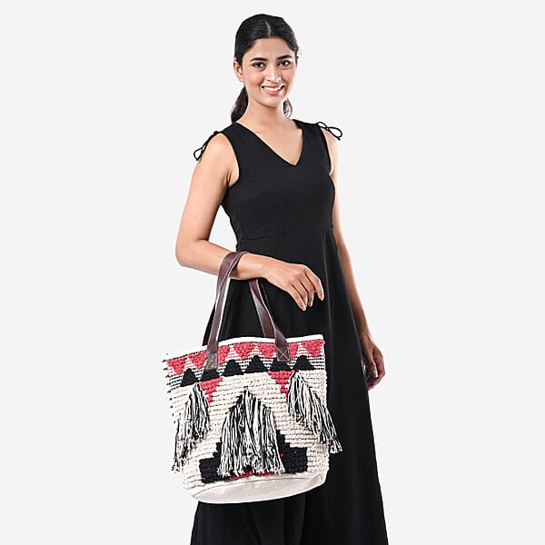 Shop Lc Pink Cotton And Jacquard Tote Bag With Faux Leather Handle