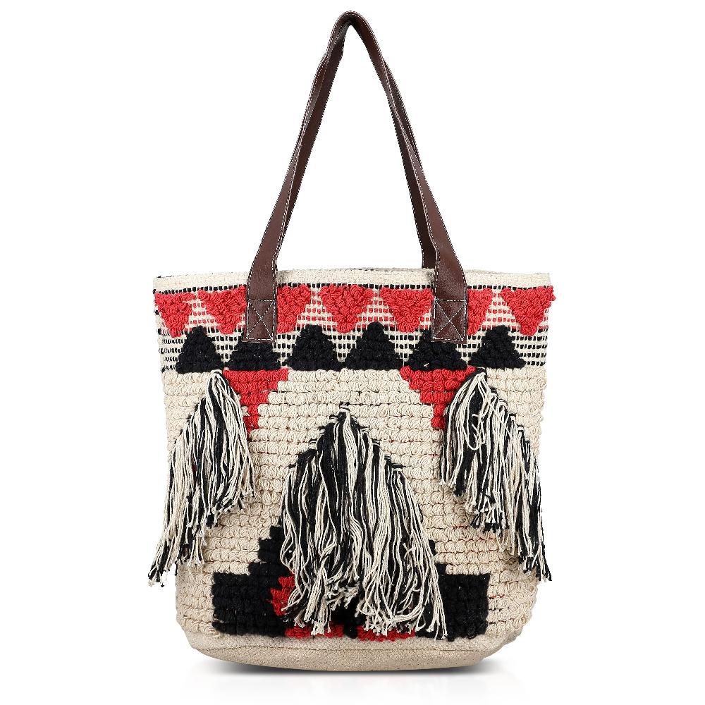 shop lc Pink Cotton and Jacquard Tote Bag with Faux Leather Handle