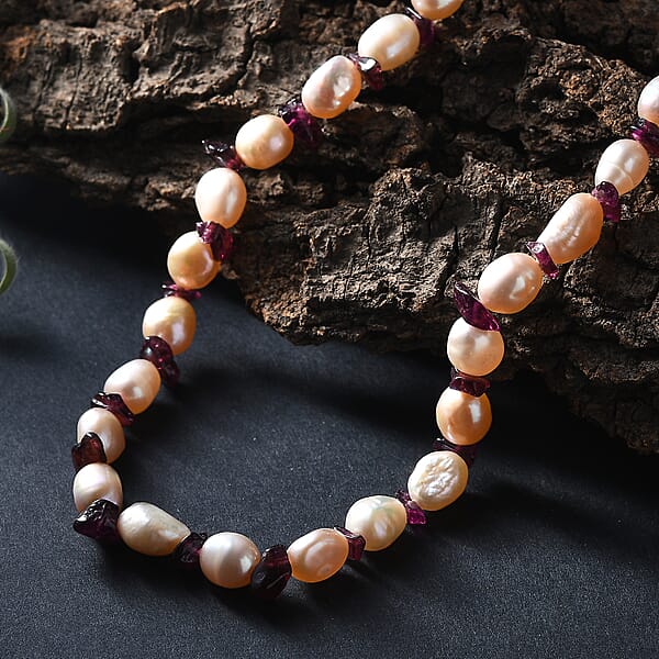 Shop Lc Pink Freshwater Pearl And Orissa Rhodolite Garnet 45 Ctw Elegance Necklace 18 Inches In Rhodium Over Sterling Silver