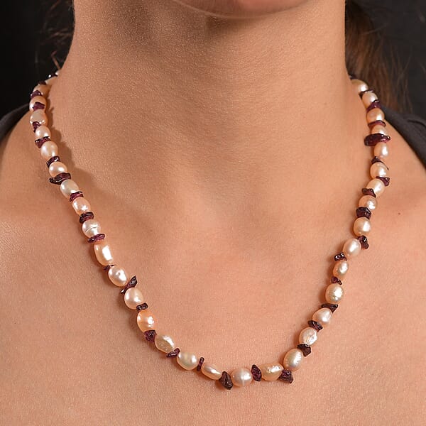 Shop Lc Pink Freshwater Pearl And Orissa Rhodolite Garnet 45 Ctw Elegance Necklace 18 Inches In Rhodium Over Sterling Silver