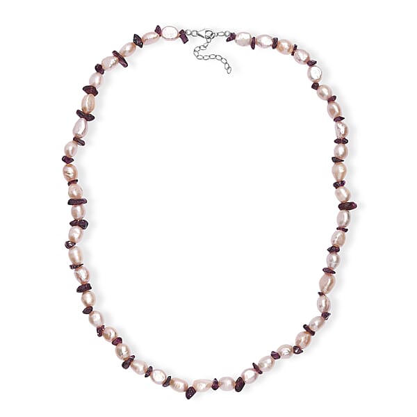 Shop Lc Pink Freshwater Pearl And Orissa Rhodolite Garnet 45 Ctw Elegance Necklace 18 Inches In Rhodium Over Sterling Silver