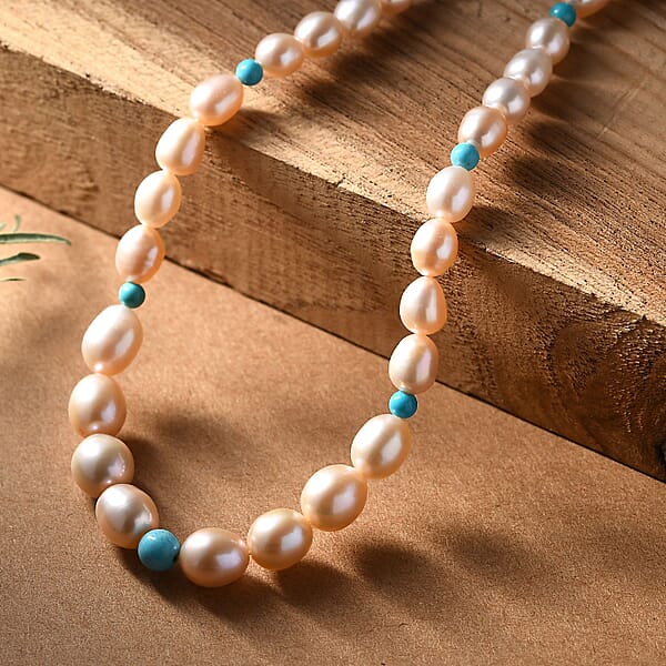 Shop Lc Pink Freshwater Pearl And Sleeping Beauty Turquoise 2.70 Ctw Necklace In Rhodium Over Sterling Silver 18 Inches