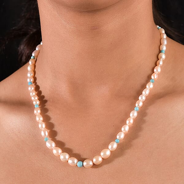 Shop Lc Pink Freshwater Pearl And Sleeping Beauty Turquoise 2.70 Ctw Necklace In Rhodium Over Sterling Silver 18 Inches