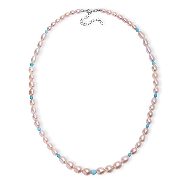 Shop Lc Pink Freshwater Pearl And Sleeping Beauty Turquoise 2.70 Ctw Necklace In Rhodium Over Sterling Silver 18 Inches